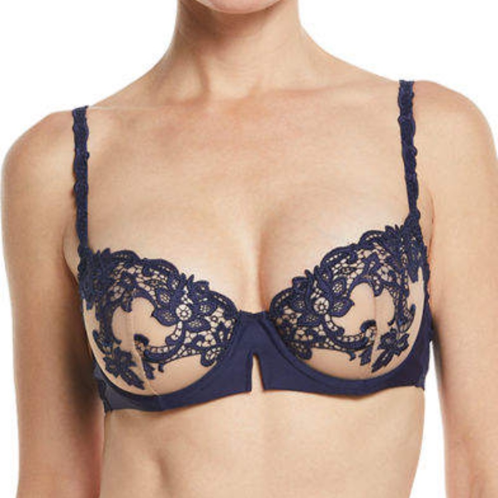 Saga Sheer Demi Lace Bra Navy 36B EUC